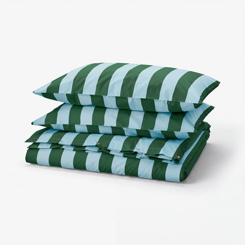 SLÅNHÖSTMAL Duvet cover and 2 pillowcases, light blue dark green/stripe, 200x200/50x80 cm