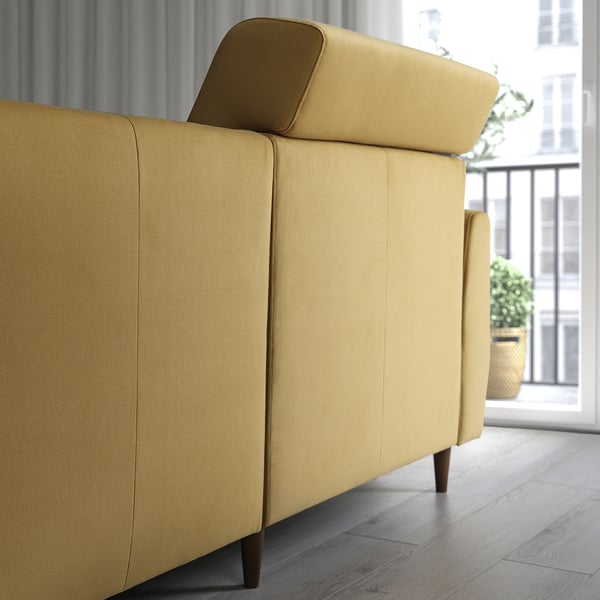 Modern yellow sofa with extendable back cushions for head support and removable chaise longue.