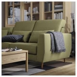 Modern green sofa with wooden legs, black throw, and bookshelf background.