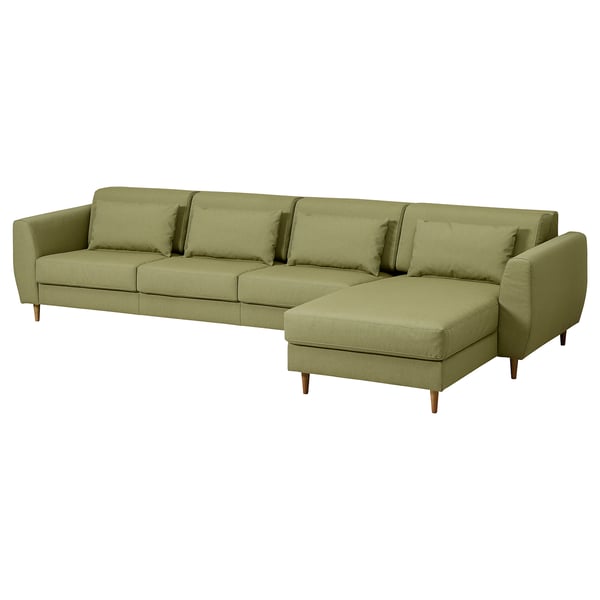 Modern olive green l-shaped sofa with removable cushions, wooden legs, and a sleek, contemporary design.