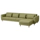 Option: Modern olive green l-shaped sofa with removable cushions, wooden legs, and a sleek, contemporary design.