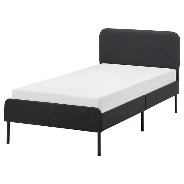 Modern black bed with sleek headboard and metal legs.