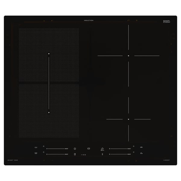 Black induction stove with 4 zones, touch controls, power boosters, and bridge function.
