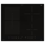 Black induction stove with 4 zones, touch controls, power boosters, and bridge function.