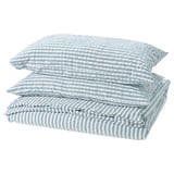 Folded blue and white striped bedding set with seersucker texture. Includes duvet cover and pillowcases, soft, breathable cotton blend.