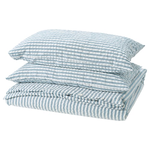 SMÅNUNNEÖRT bedding in blue-white stripes, neatly folded with a soft, breathable cotton-viscose blend.