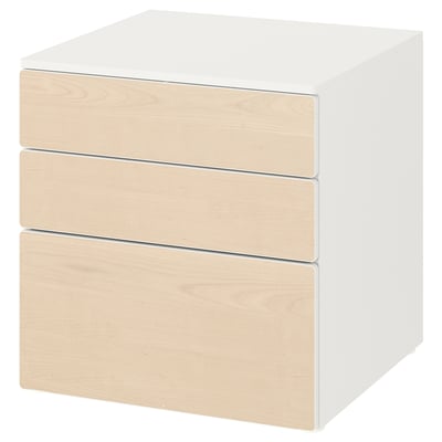 A white SMÅSTAD chest of three light wood drawers, designed for childrens storage.