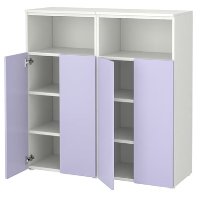 An ikea SMÅSTAD wardrobe, white with purple doors, showcasing open shelves and internal compartments.