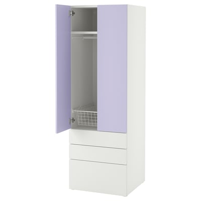 A white and lavender SMÅSTAD wardrobe with drawers. It has a modern design, soft-close doors, and adjustable shelves inside.