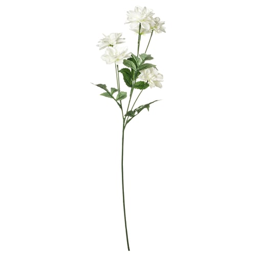 Artificial white flower stalk with green leaves. Realistic design, made from recycled plastic.