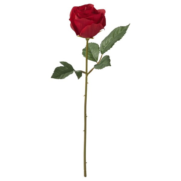 Single red artificial rose with green leaves and stem.
