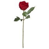 Single red artificial rose with green leaves and stem.