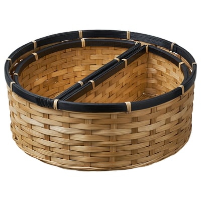 SNÖPLOG: round woven bamboo basket, dark border, natural finish, handcrafted, ideal for storage.