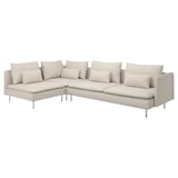 Large l-shaped beige sectional sofa with removable cushions. Modern design, comfortable, with metal legs.