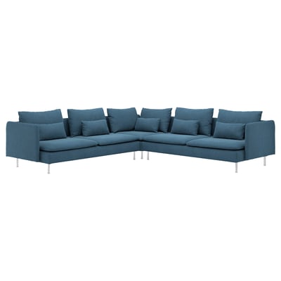 This image a SÖDERHAMN sectional sofa in blue, with a modern design, deep seats, and numerous pillows for comfort.