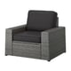 SOLLERÖN grey outdoor chair with dark cushions, woven plastic, sturdy, comfortable.