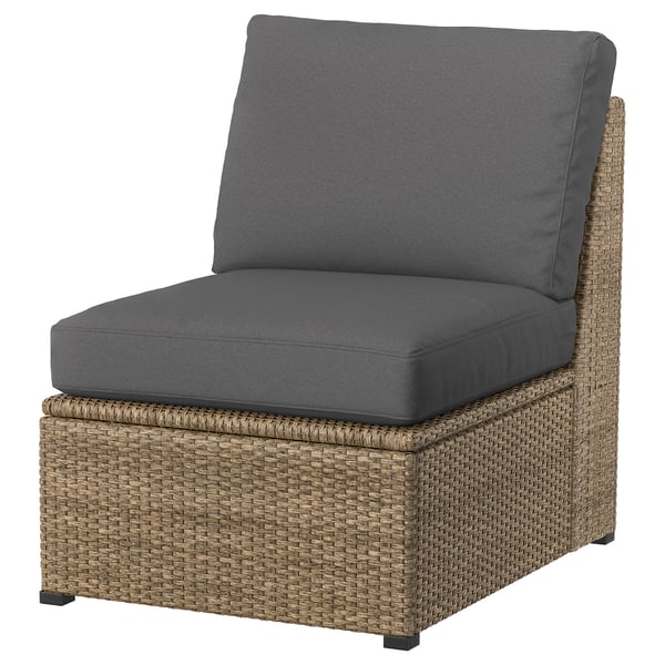 SOLLERÖN outdoor chair in brown wicker with grey cushions.