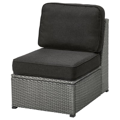 This image shows a grey SOLLERÖN outdoor chair with dark cushions. Its designed with a wicker-like texture and padded for comfort.