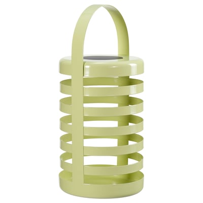 A green SOLVINDEN lantern with a circular handle, made from abs plastic and acrylic-coated steel, featuring a stacked, spiral design.