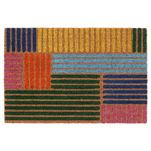 Colourful SPÅRDJUP doormat with blue, yellow, green, orange, and pink stripes.