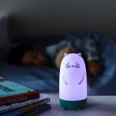 A lit pet-shaped night lamp on a table, with colorful glowing options.