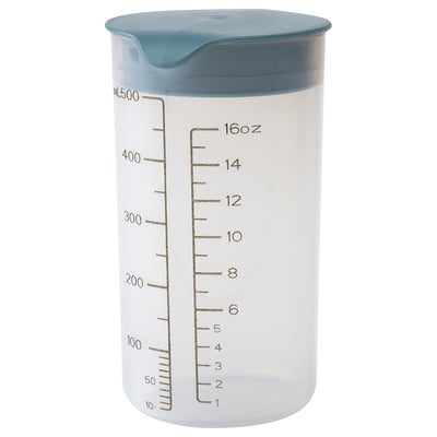 STANDARDMÅTT plastic shaker, blue lid, white body, cylindrical, graduated markings.