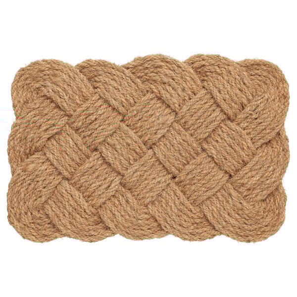 Natural beige braided rope doormat, rectangular, thick weave, handmade, coir fiber.