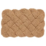 Natural beige braided rope doormat, rectangular, thick weave, handmade, coir fiber.