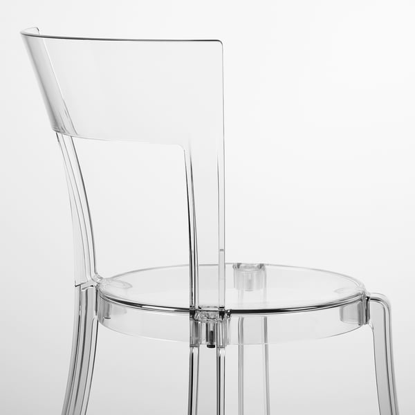 Clear, stackable chair with curved back and seat, four legs with rubber foot rests. Transparent, modern design.