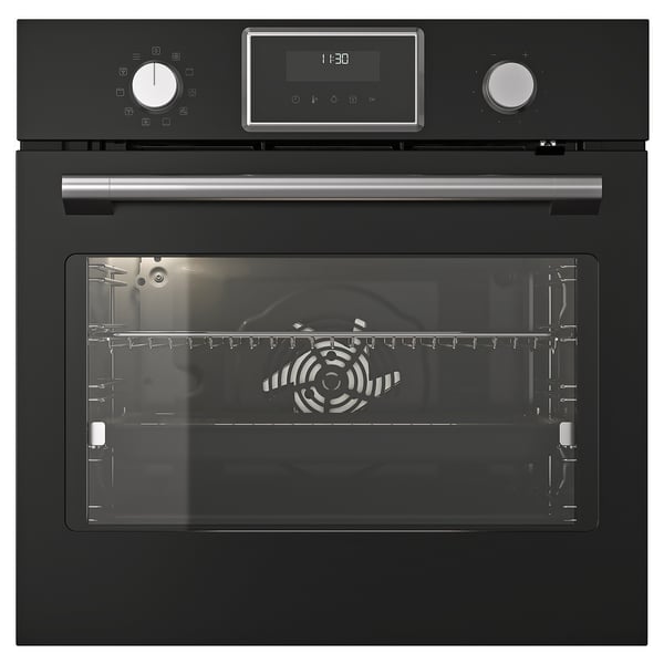 Black IKEA STENABY oven with digital display and metal knobs.