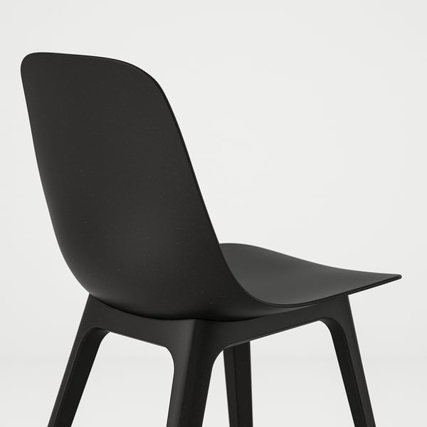 A sleek, modern black chair with smooth edges and sturdy legs, highlighted against a plain background.