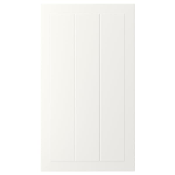 A white, rectangular STENSUND cabinet door with grooved panels and a smooth, lacquered finish.