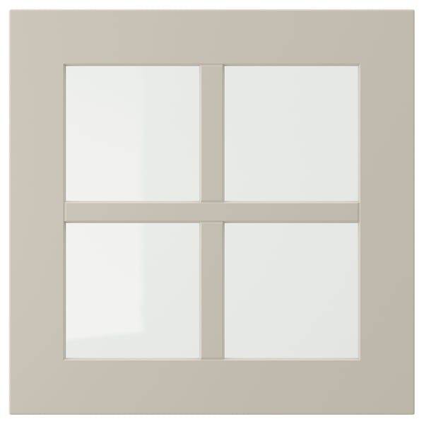 STENSUND beige cabinet with glass doors. Square, modern design with clean lines. Made of fibreboard and tempered glass.
