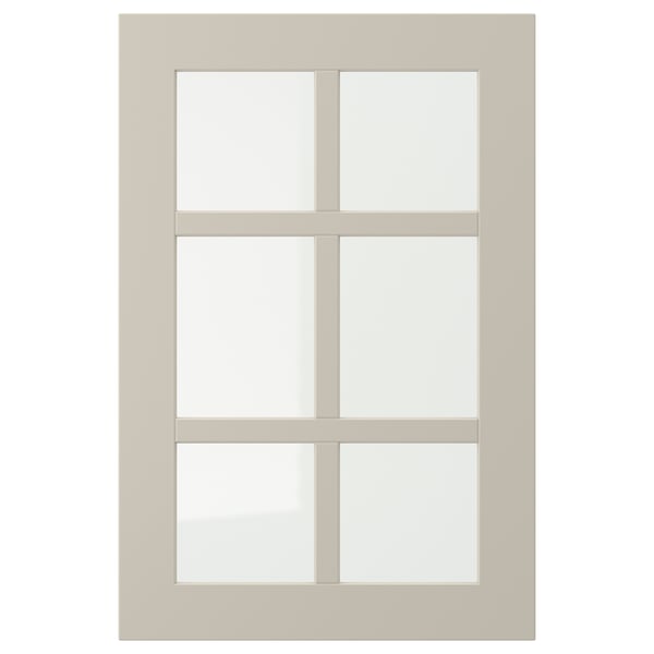 Beige STENSUND cabinet with glass panels, rectangular, fiberboard and tempered glass.