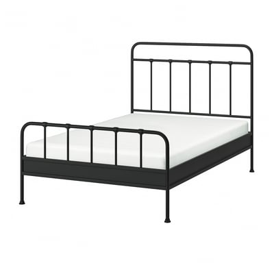 A black metal bed frame with a curved headboard and footboard, featuring minimalist and modern design.