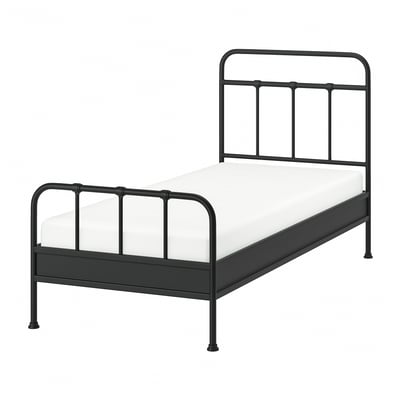 Black metal bed frame with curved headboard and footboard, simple yet stylish design, ideal for a modern bedroom.