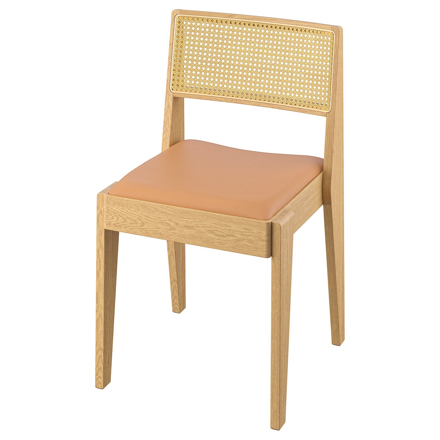 STOCKHOLM 2025 chair: light wood, orange leather, square seat, curved back with rattan design.
