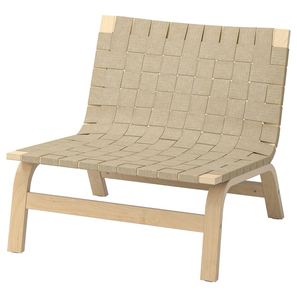 STOCKHOLM 2025 easy chair: light wood, woven linen, minimalist design. Timeless, comfy.