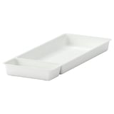 A white STÖDJA drawer organizer. Its made of polypropylene plastic and has a rectangular shape with two compartments.