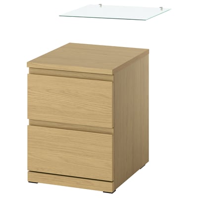STORKLINTA Chest of 2 drawers, oak effect/with glass top, 40x50x53 cm