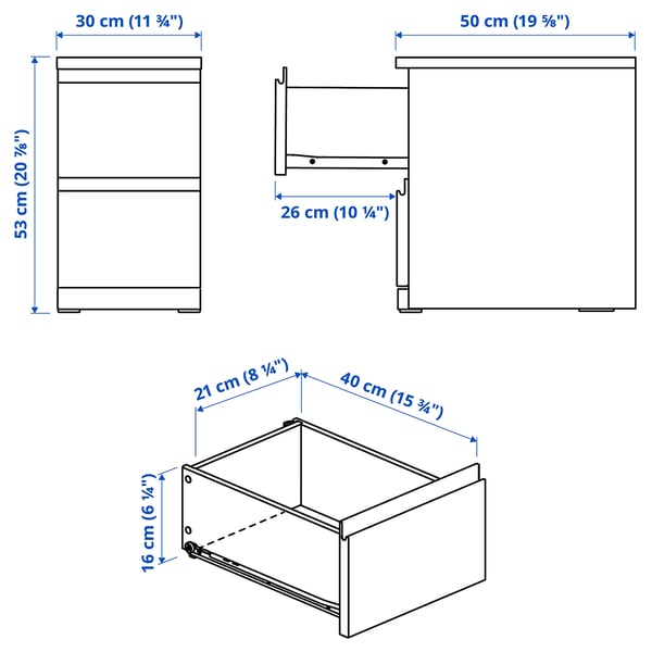 STORKLINTA Chest of 2 drawers, white/with 2 drawers, 30x50x53 cm