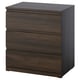 A dark brown three-drawer chest of drawers made of particleboard and wood veneer, standing upright against a white background.
