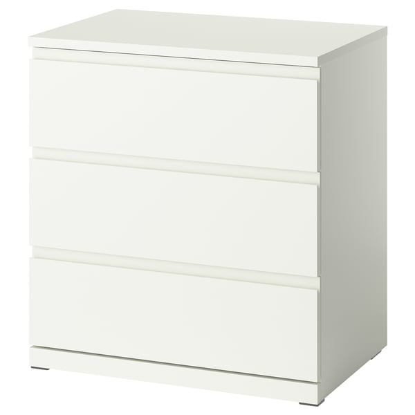 A white STORKLINTA chest of drawers with three drawers, made of particleboard and acrylic paint.