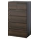 A dark brown STORKLINTA chest of drawers with six drawers. It has a rectangular shape and a modern design, made of particleboard and wood veneer.
