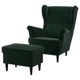 Emerald green STRANDMON chair & footstool set with plush cushions and wooden legs.