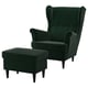Option: Emerald green STRANDMON chair & footstool set with plush cushions and wooden legs.