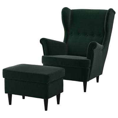 Emerald green STRANDMON chair & footstool set with plush cushions and wooden legs.