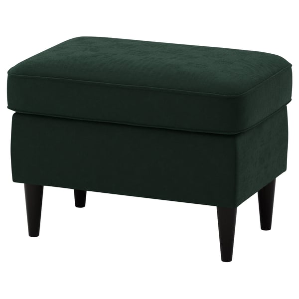 Dark green rectangular footstool with wooden legs.