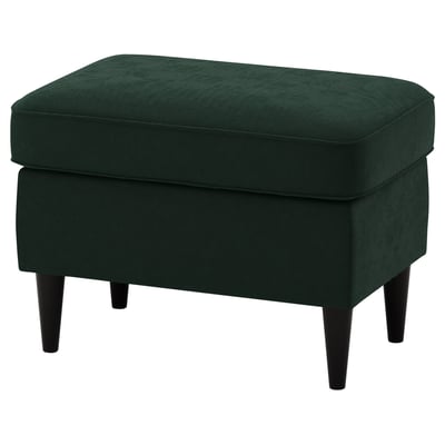 Dark green rectangular footstool with wooden legs.