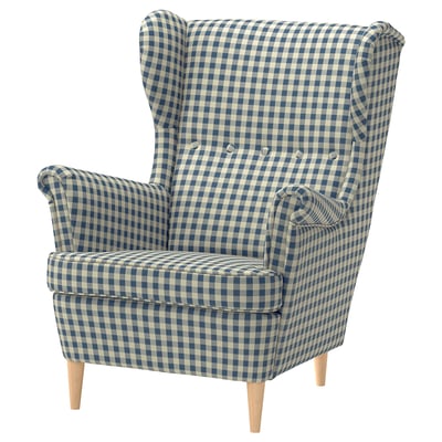 STRANDMON armchair, blue plaid fabric, high back, wooden legs, wing-shaped, cosy design.